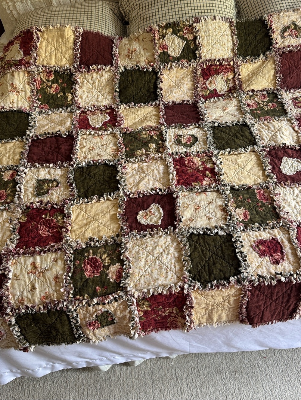 Cottage Patchwork Rag Quilt Throw in Burgundy, Olive & Cream floral 56”sq